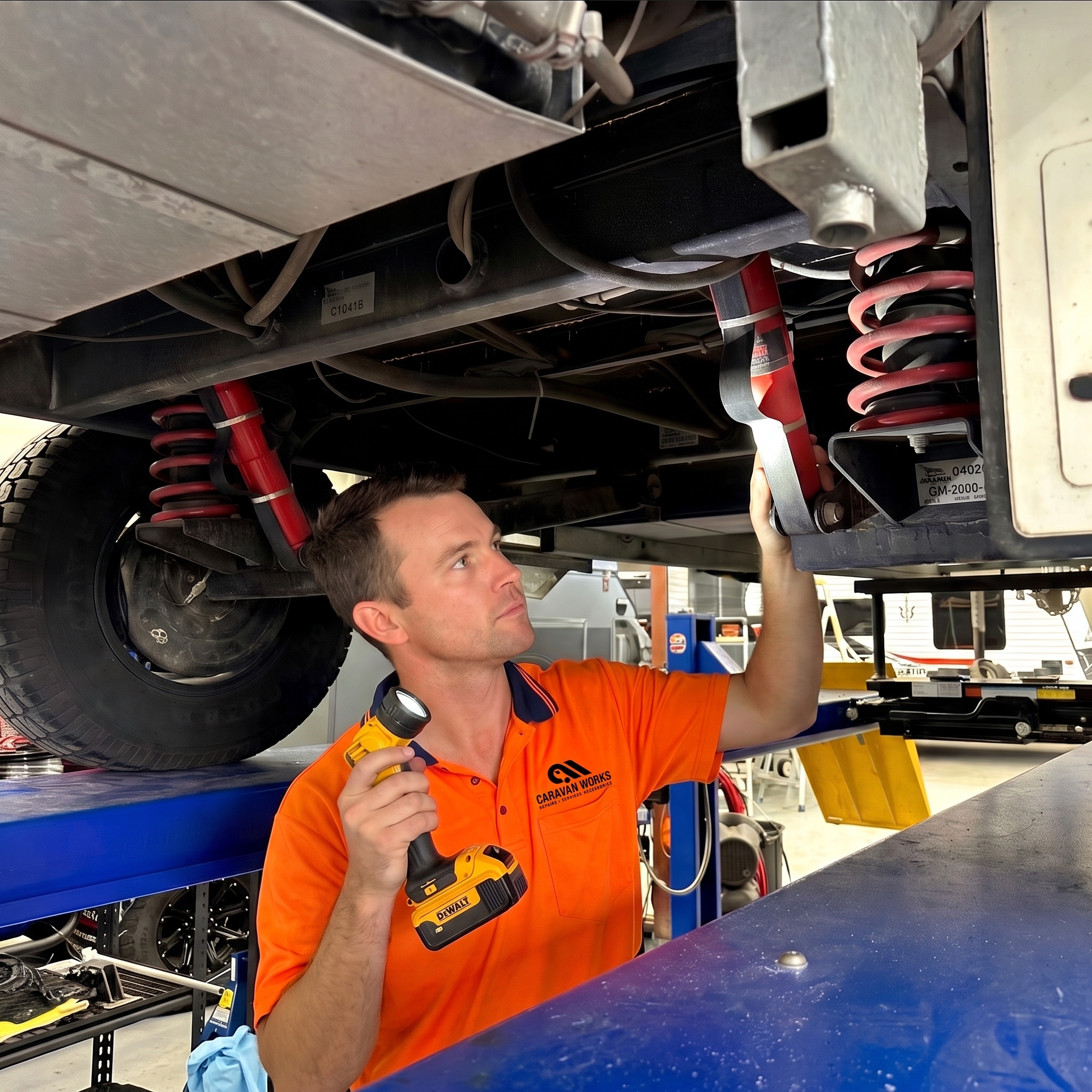 Mechanic inspecting a caravan